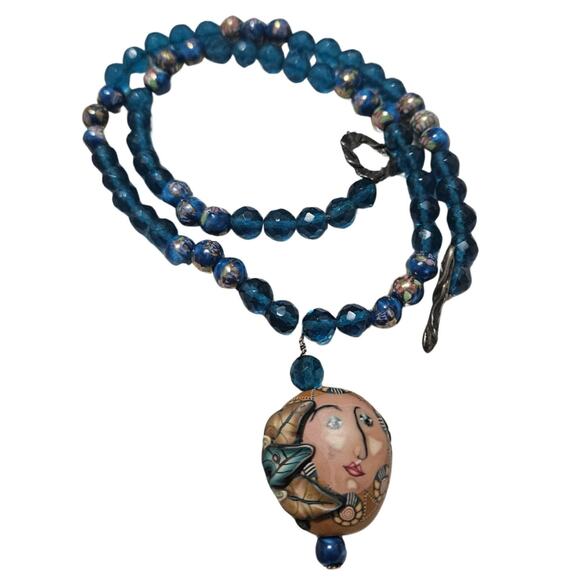 1980s Blue Artisan Crafted Polymer Clay Bead Face Pull Through Closure Necklace - Picture 2 of 7
